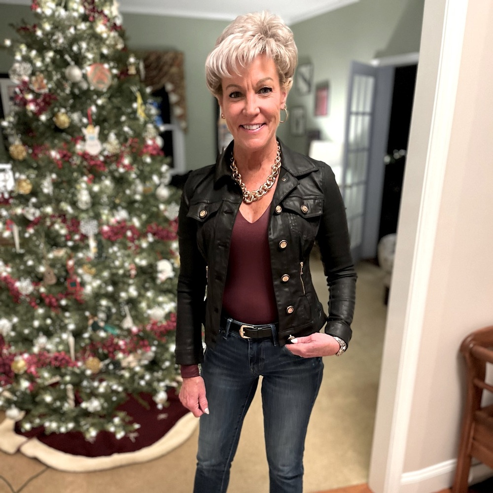 Black Faux Leather Jacket
Gold Buttons Firmly Attached!
No Sign of Wear!